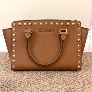 Cognac gold studded Michael Kors handbag